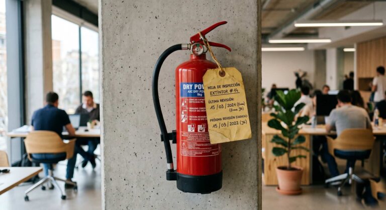 Extintor en la pared con etiqueta de revisión caducada, metáfora de los backups que nadie comprueba