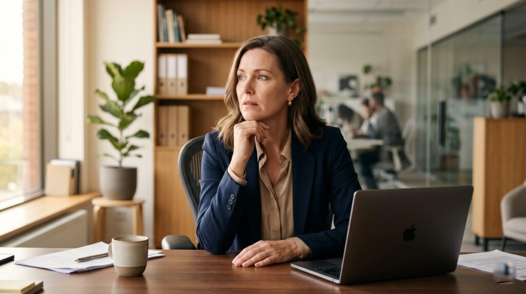 Profesional en su despacho pensando si su página web necesita mantenimiento