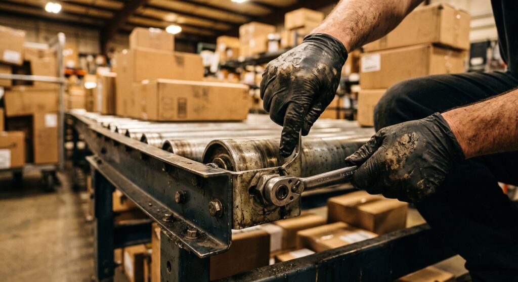 Técnico revisando la maquinaria que mueve los pedidos, como el mantenimiento técnico de una tienda WooCommerce