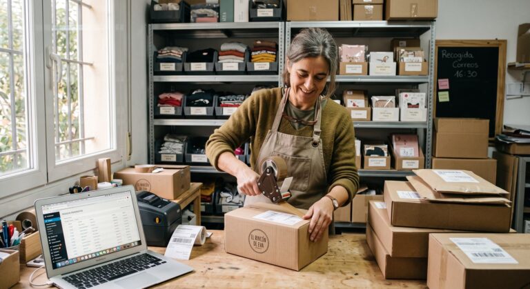Dueña de un ecommerce preparando pedidos en su almacén, la actividad diaria que protege el mantenimiento de una tienda online