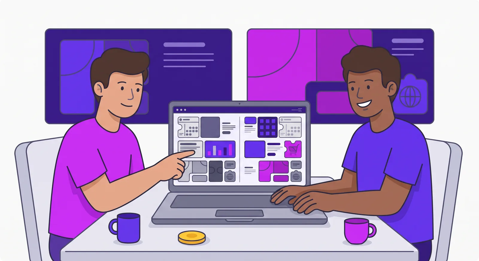 Dos personas ante un mismo portátil aprendiendo a manejar el panel de WordPress