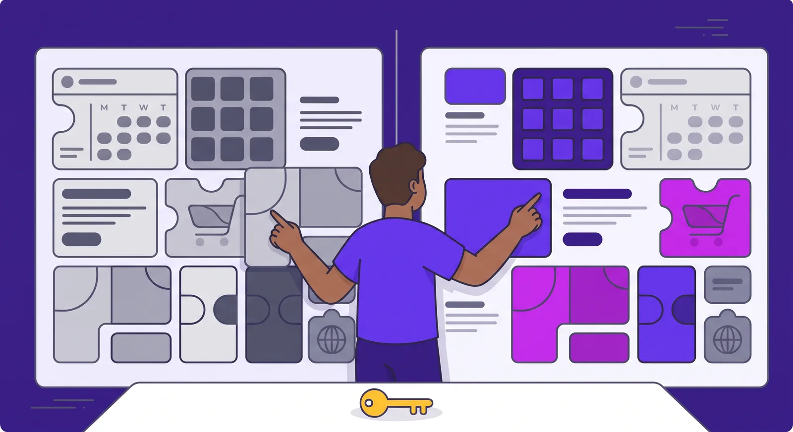 La misma web en dos estados, la versión antigua en grises y la rediseñada en morado