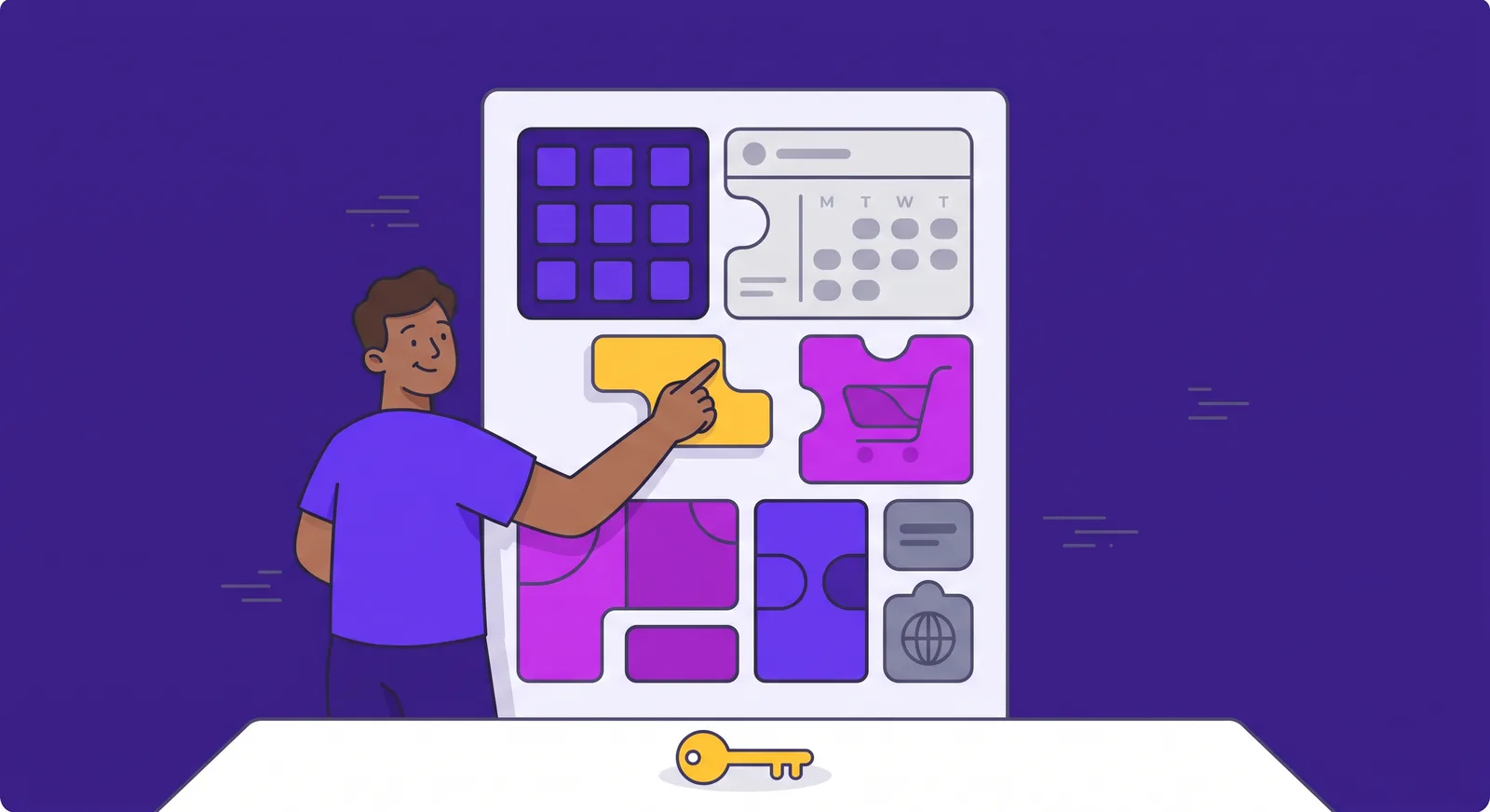 Persona colocando piezas modulares —calendario de reservas, carrito, catálogo— sobre un tablero