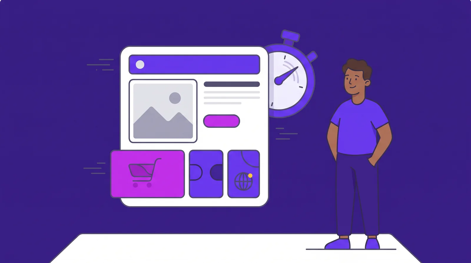 Maqueta de una página web junto a un cronómetro sobre fondo morado, con una persona esperando tranquila